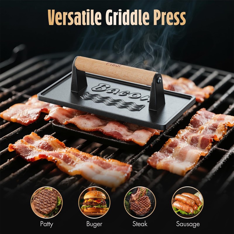 Bacon Press Smash Burger Pre-Seasoned Cast Iron Hamburger 2 lb Heavy-Duty Grill gallery