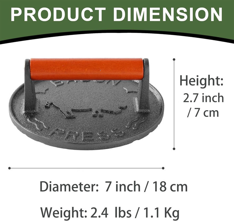Bacon Press 2.5 Lb Heavy Weight Cast Iron Burger Smasher Tool for Griddle,Grill, gallery