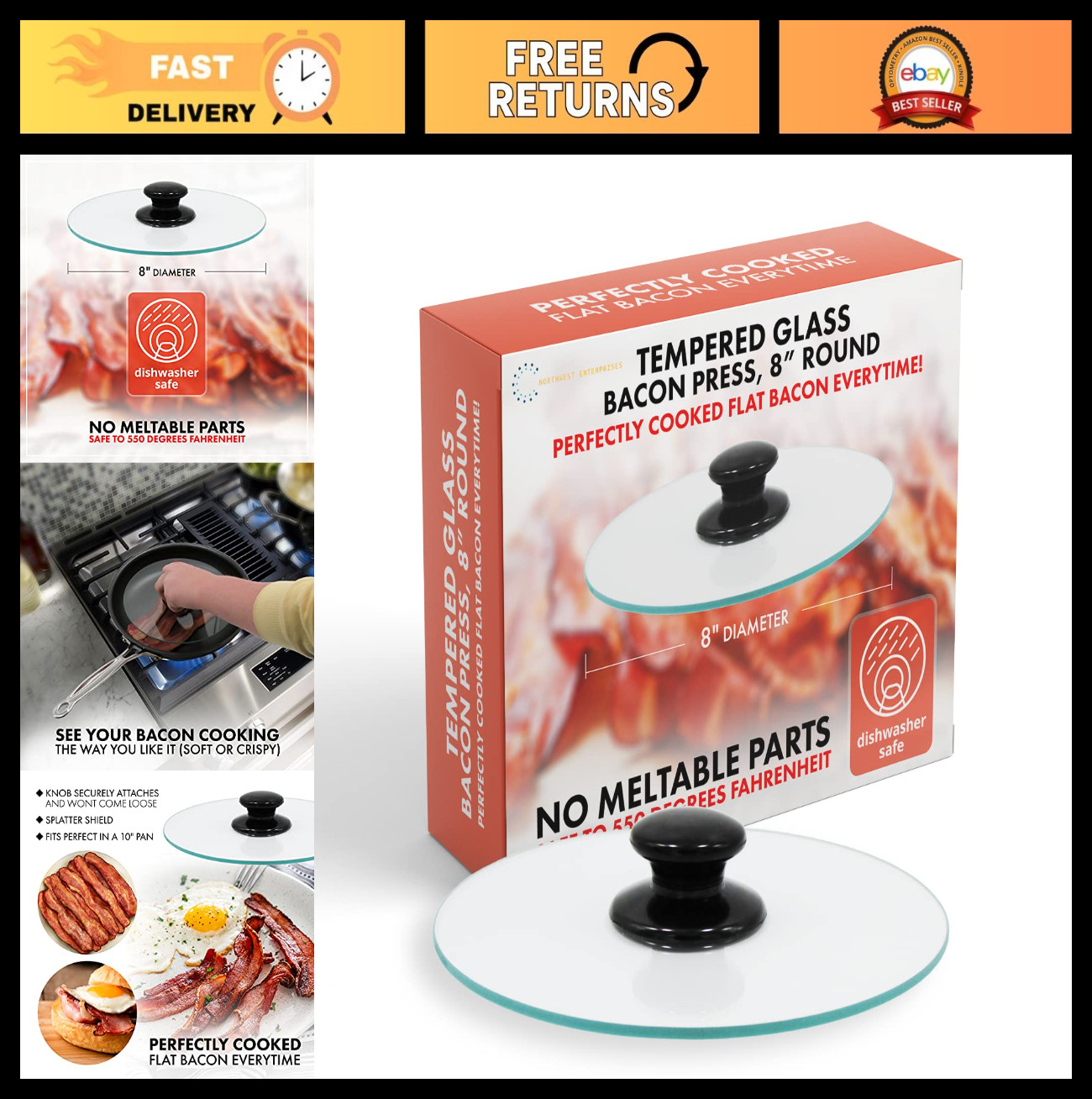 Round Glass Bacon Press & Splatter Shield - 8 Inch for Perfectly Cooked Flat Bac gallery