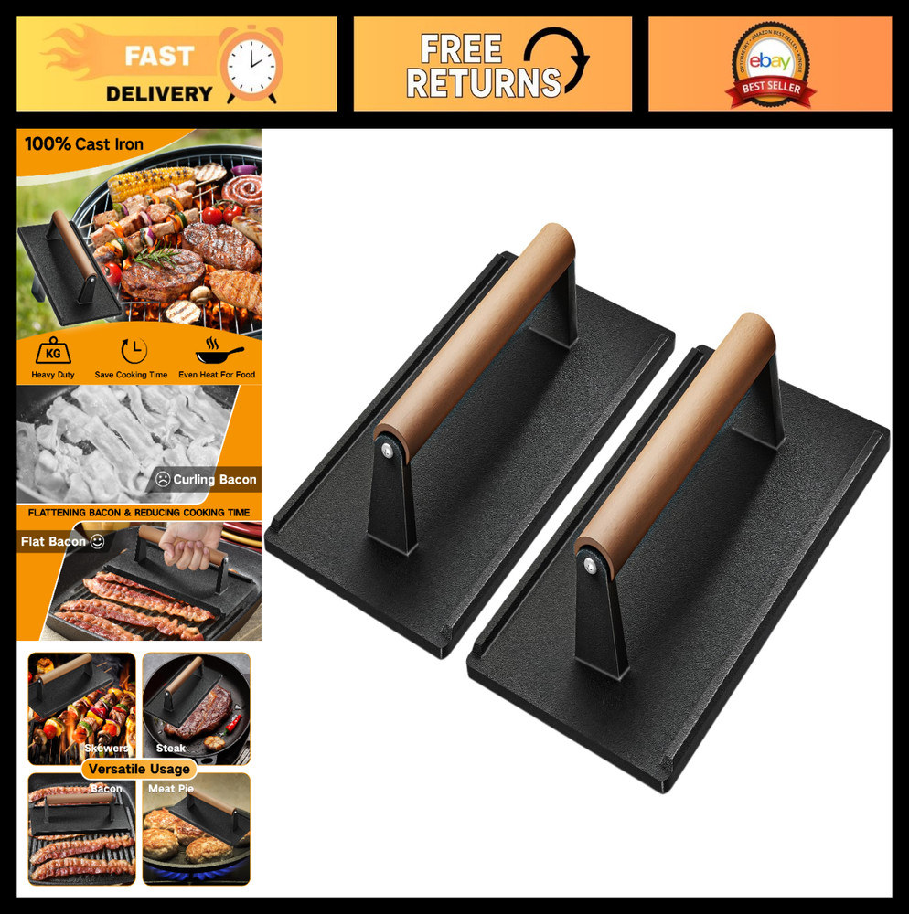 Heavy Duty Cast Iron Grill Press Set - 2PCS, Perfect for Bacon, Burgers, Steak &