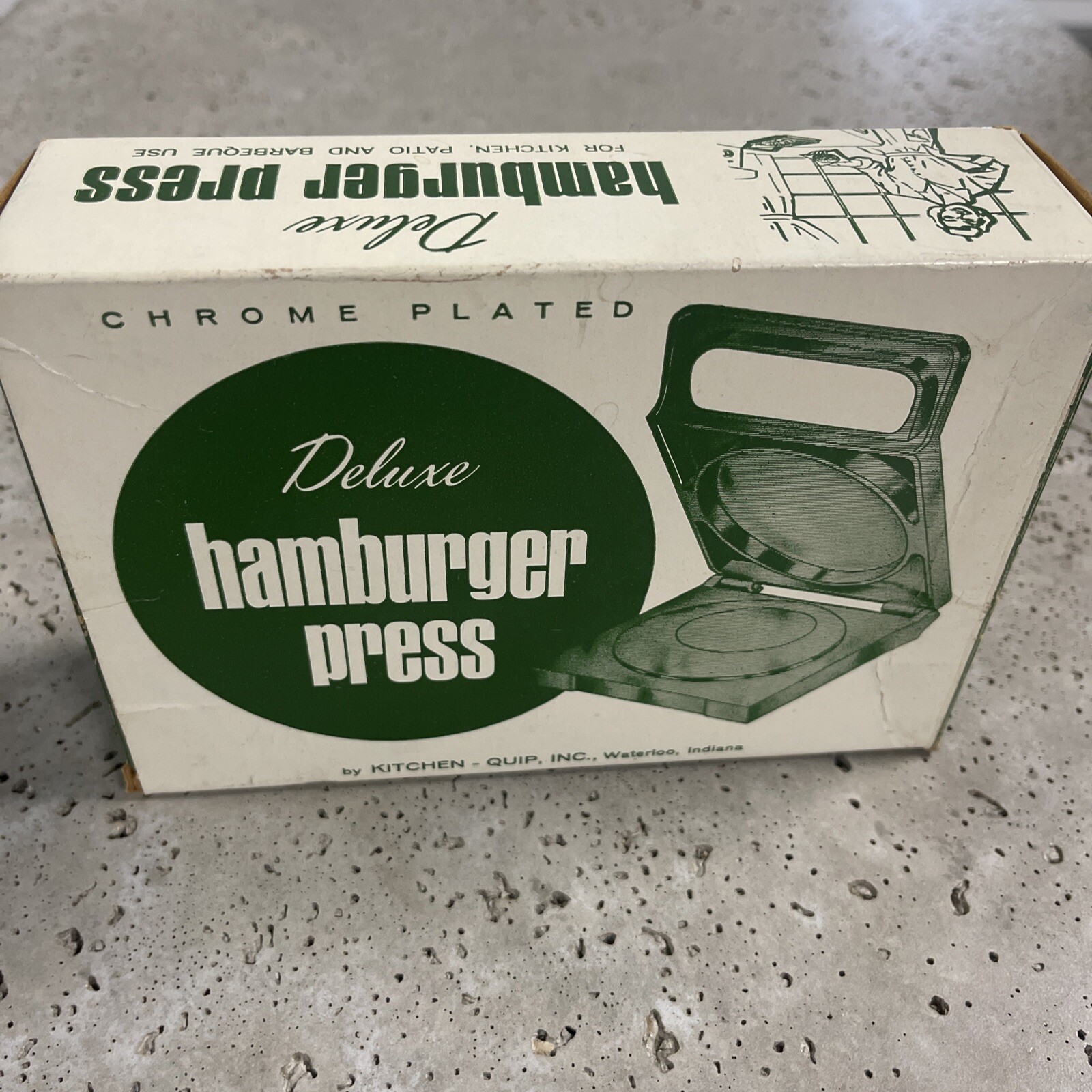 Kitchen-Quip Deluxe Vintage Chrome Plated Hamburger Press in Box - Read gallery