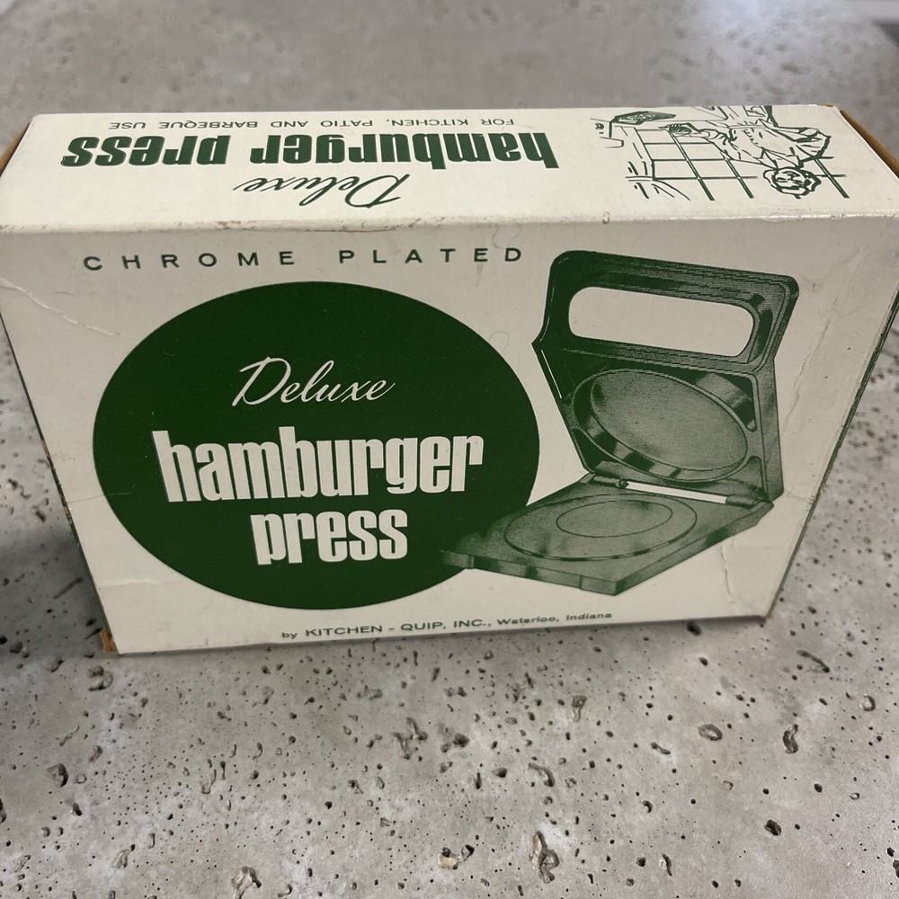 Kitchen-Quip Deluxe Vintage Chrome Plated Hamburger Press in Box - Read