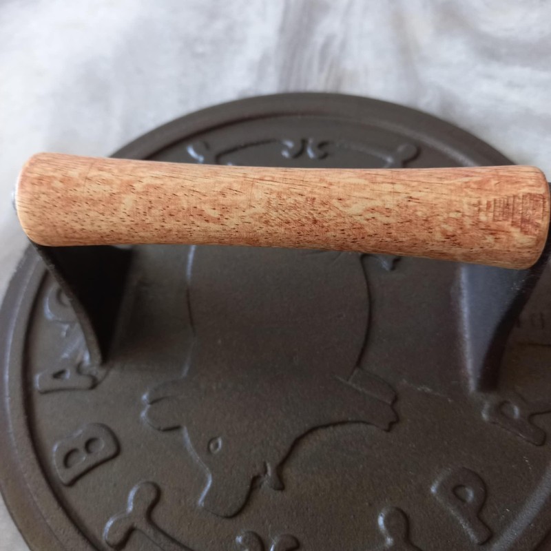 Cast Iron Grill Press Heavy Duty Bacon/Meat Press PigEmblem Wood Handle 8.75" EC gallery
