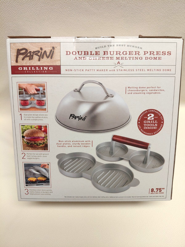 Double Burger Press & 8.75" Cheese Melting Dome by Parini Stainless Steel NEW gallery