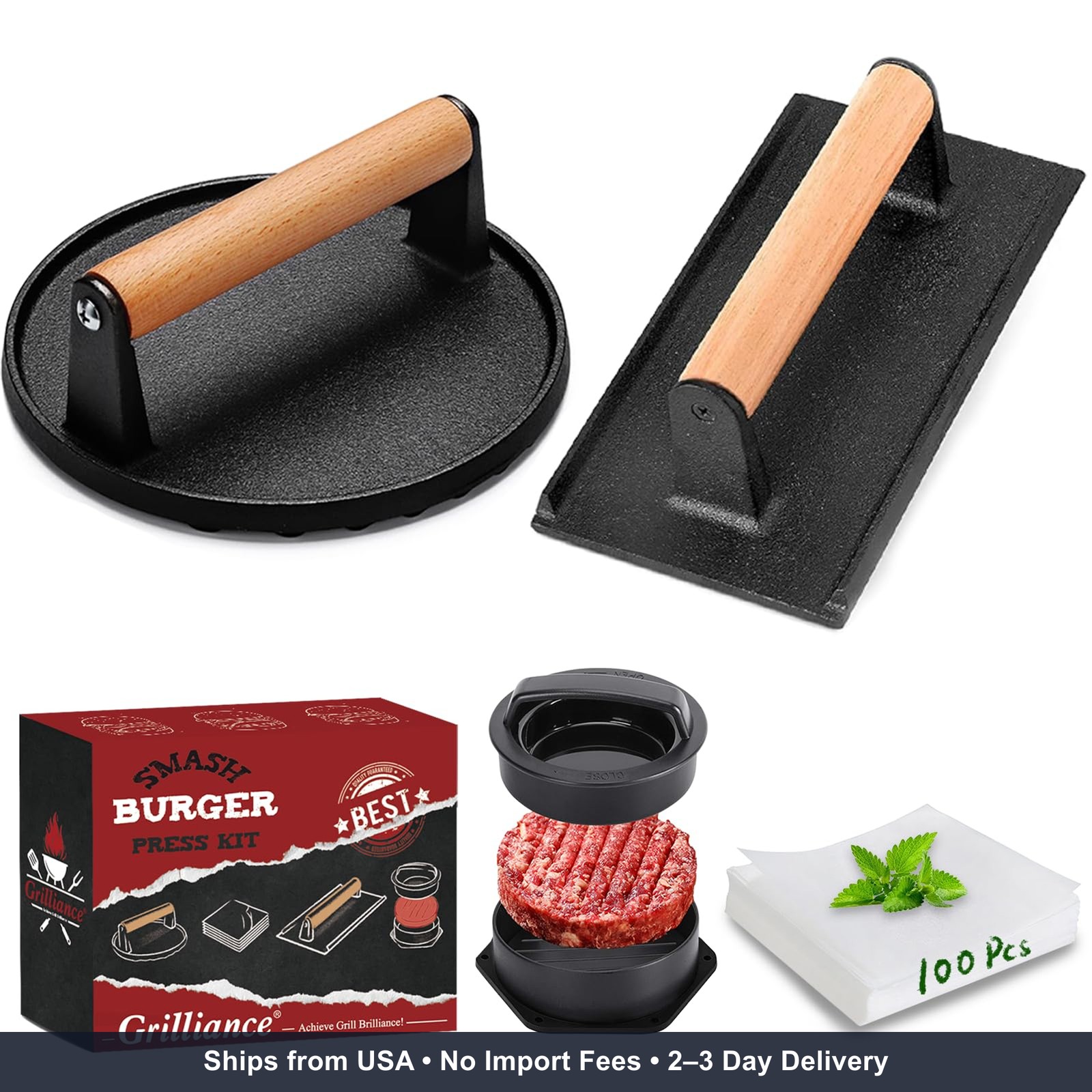 4PC Cast Iron Burger Press Kit Smash Burger Patty Maker Grill Griddle Skillet gallery