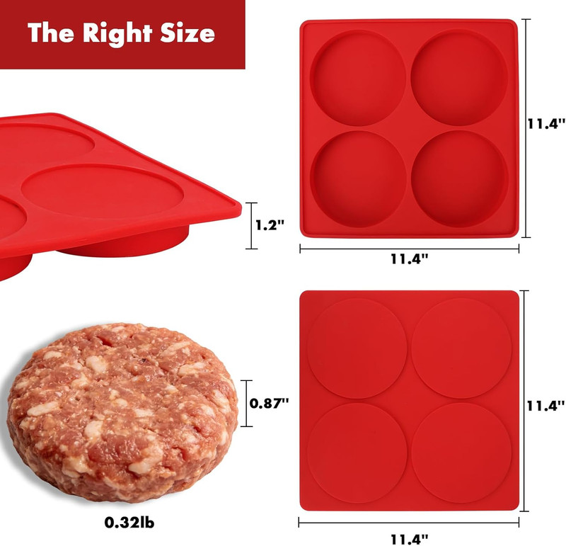 Silicone Burger Patty Maker & Freezer Tray, Grilling Cookware 4-Cavity Mold with gallery