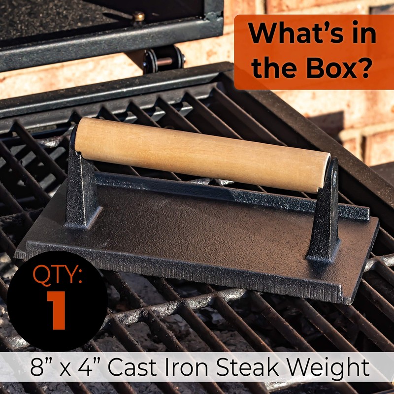 Versatile Safetouch 8x4in Cast Iron Grill Weight 1pc. Meat Press With Wooden Han gallery