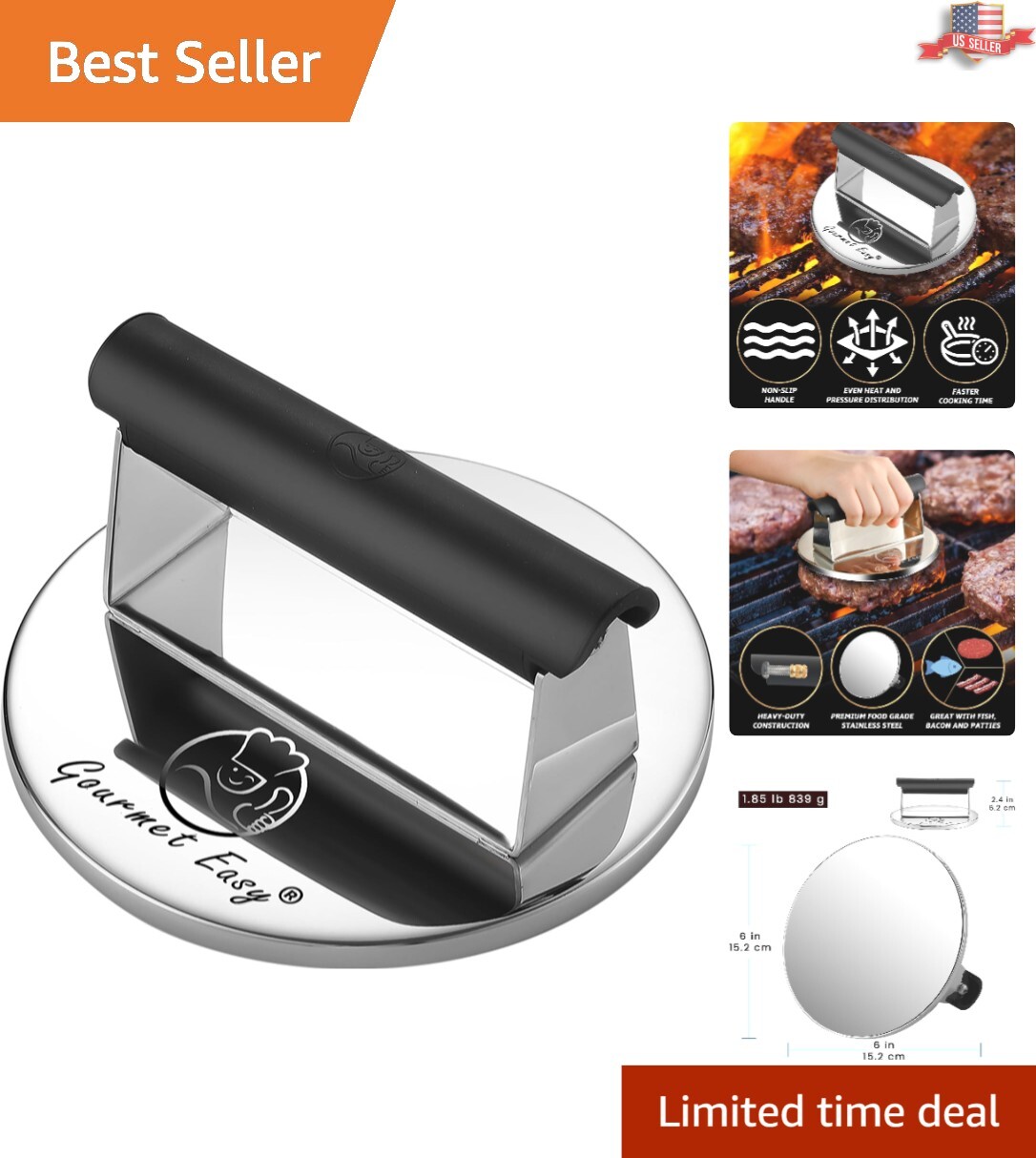 2lb Stainless Steel Smash Burger Press with Heat Resistant Handle for Grilling gallery