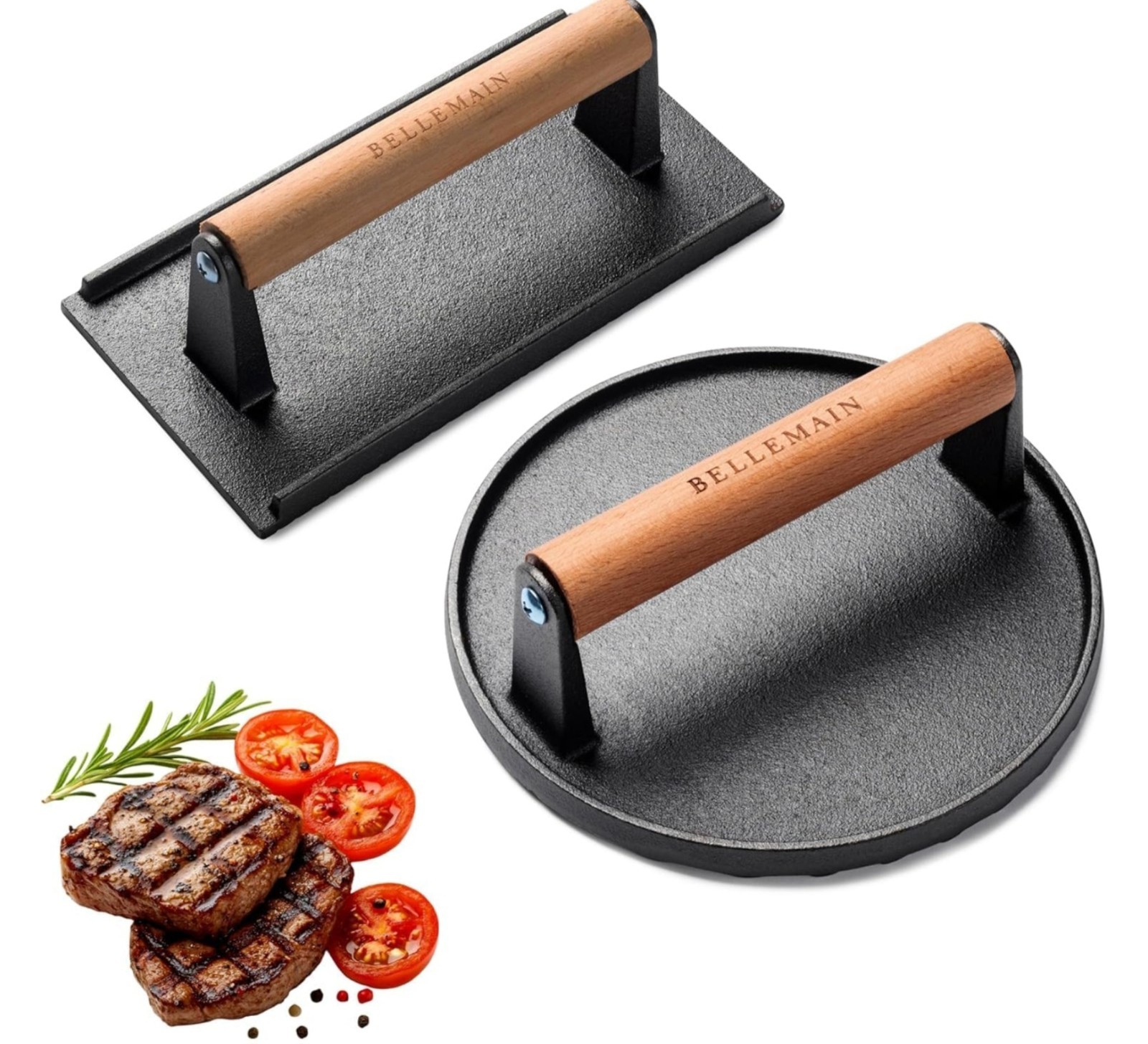 Bellemain Heavy-Duty Cast Iron Grill Press Set – Perfect Smash Burger Press gallery