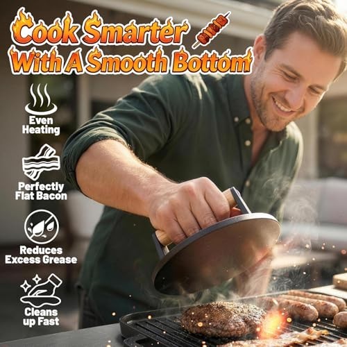 6.5” Cast Iron Burger Press - Flat Round Grill Meat Smasher with Wood Handle, No gallery