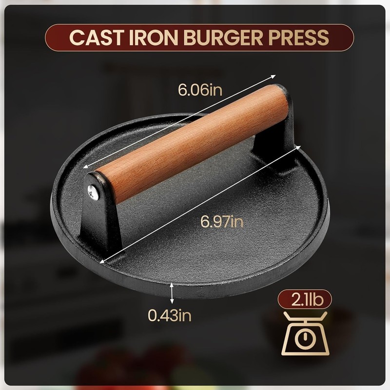 Smashed Burger Press 7” Round Heavy-Duty Cast Iron Smash Meat Steak Burger Press gallery