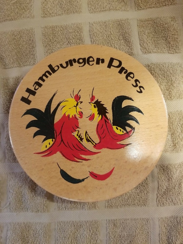 Vintage Fighting Rooster Hamburger Press Wooden Hand Painted Japan