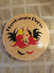 Vintage Fighting Rooster Hamburger Press Wooden Hand Painted Japan