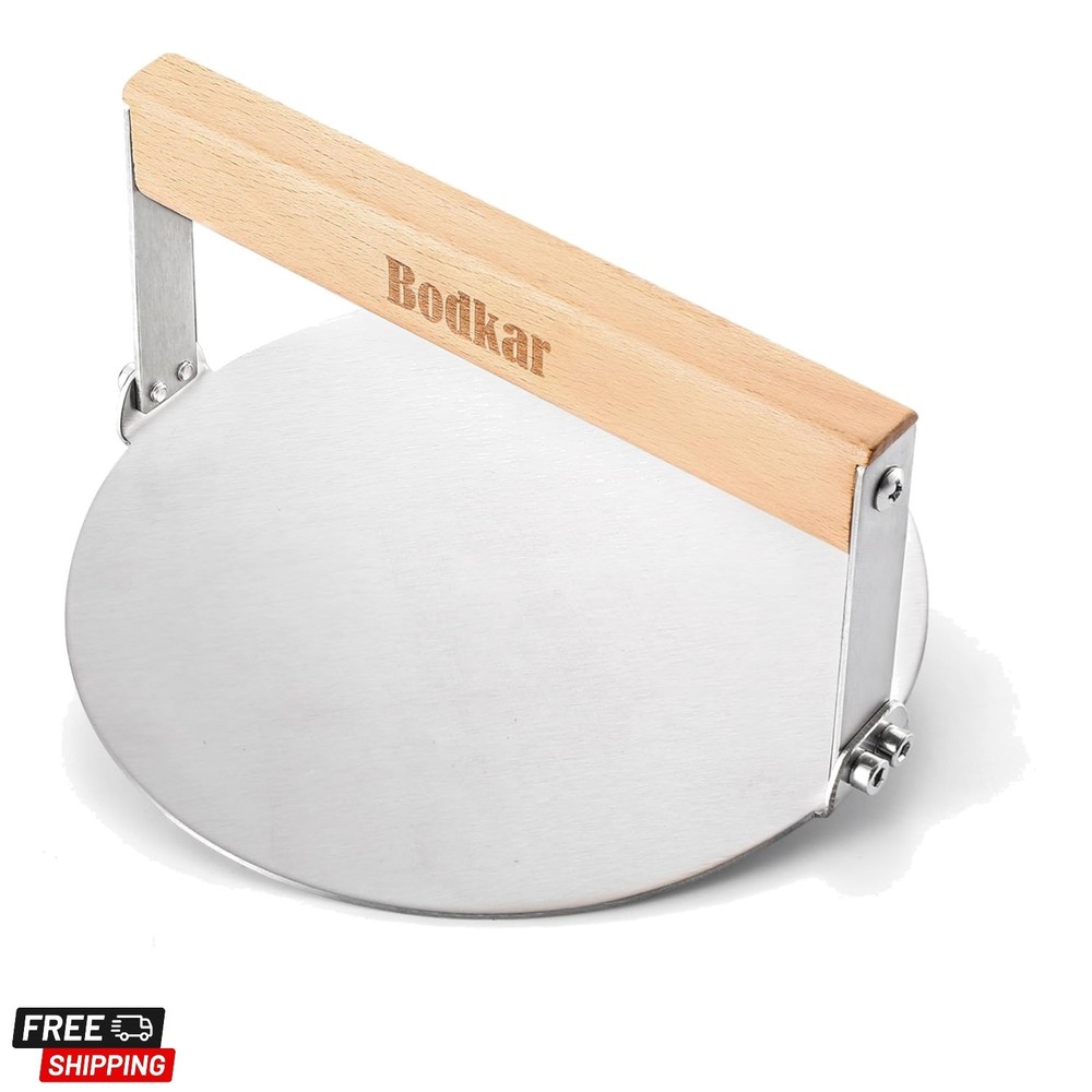 Smash Burger Press 6 Inch Round Stainless Steel Burger Smasher with Wood Hand...