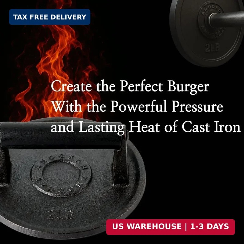 Barbell Plate Design Cast Iron Burger Press 6.5" Round Heavy-Duty Smash Burger P gallery