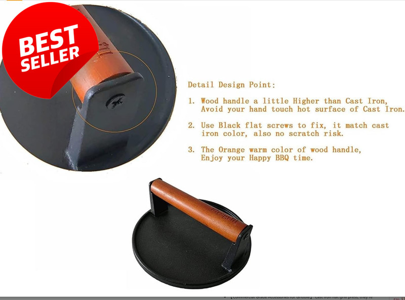 Heavy Duty Cast Iron Burger Press Set Round Rectangle Flat Bottom Grill - US gallery