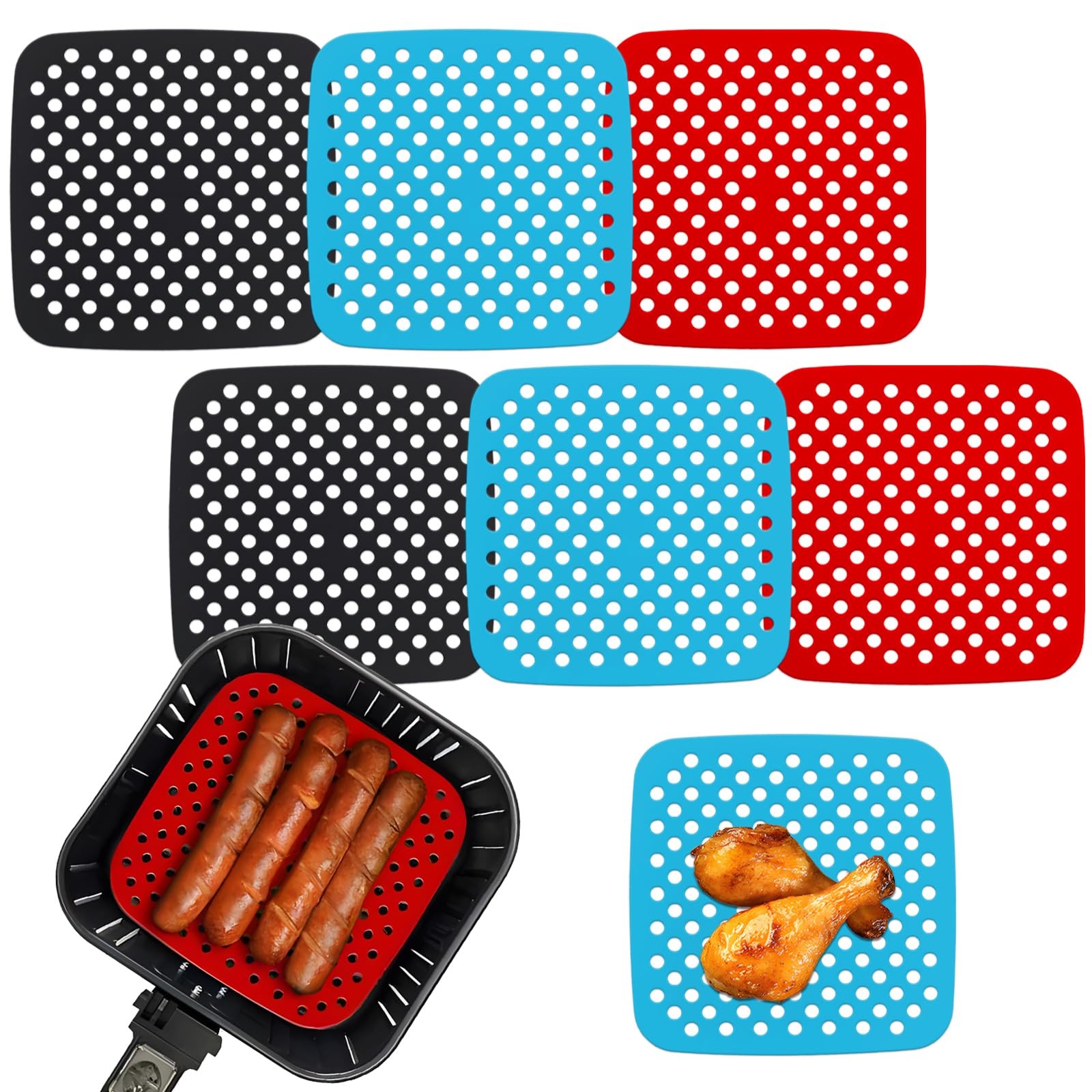 6 Pack Square Silicone Air Fryer 8.5 inches / 21.6 cm, black, red, sky blue gallery