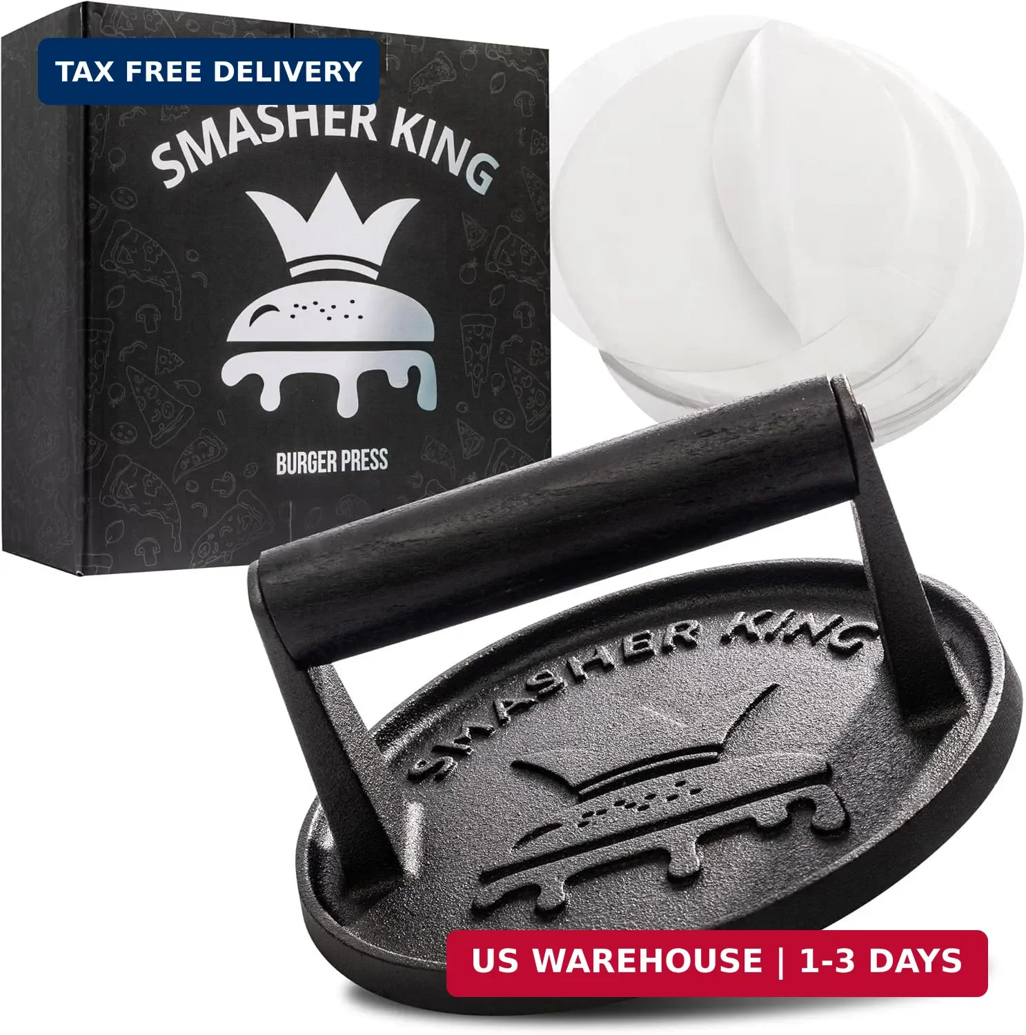 SMASHER KING™ - Premium Cast Iron Smash Burger Press Incl. 25 Pcs of Patty Paper gallery