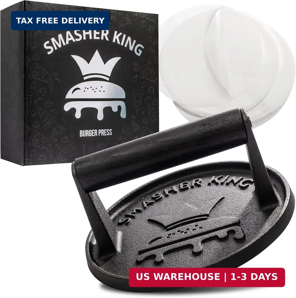 SMASHER KING™ - Premium Cast Iron Smash Burger Press Incl. 25 Pcs of Patty Paper