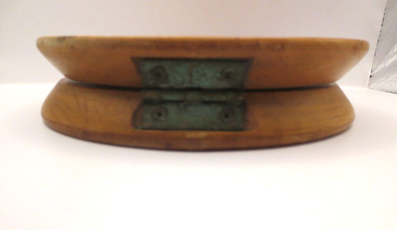 Vtg. Round Wood Hamburger Press - Rooster Applique Hinged Hamburger Patty Press gallery