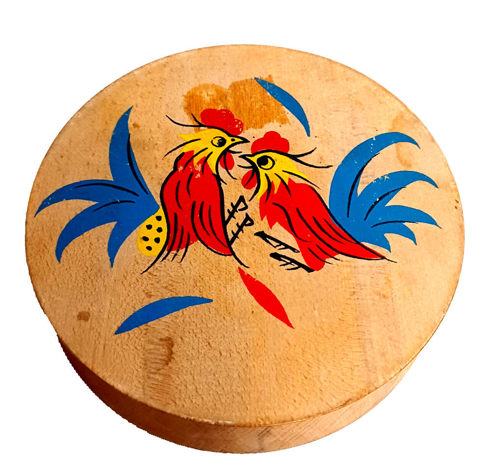 Wooden Hamburger Press Vintage Fighting Cocks Roosters Kitchy Cabincore
