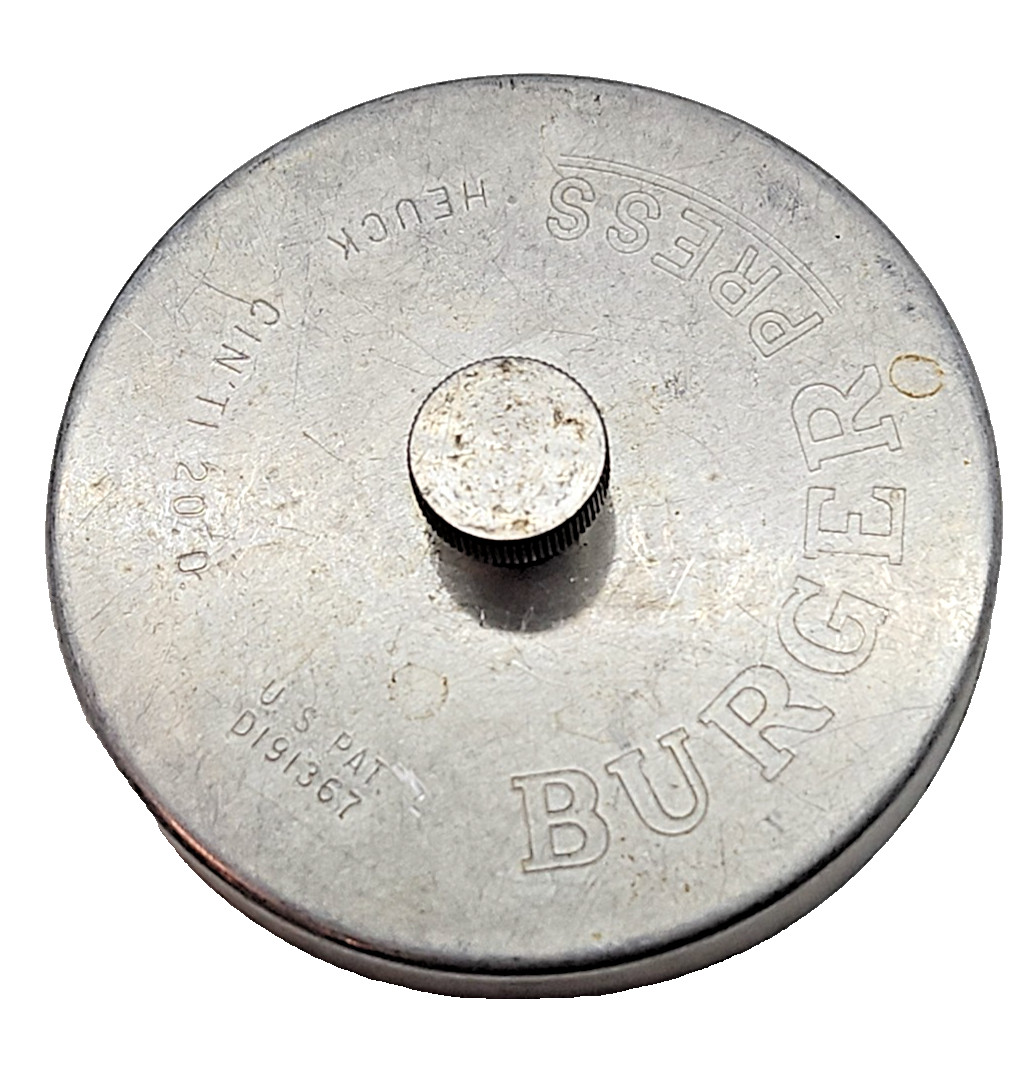 Vintage Burger Press Heuck Cin Ti Silver Gray Metal 3.75" gallery