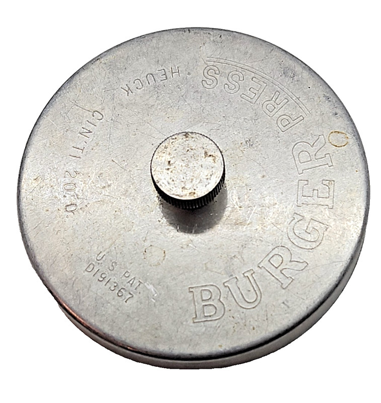 Vintage Burger Press Heuck Cin Ti Silver Gray Metal 3.75" gallery