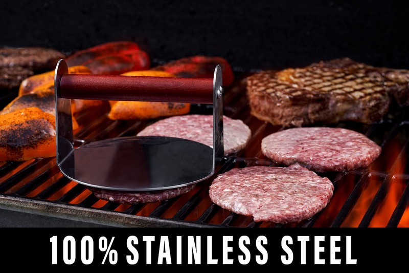 Burger Smasher Stainless Steel 6" Meat Press with Wooden Handle, Accessories gallery