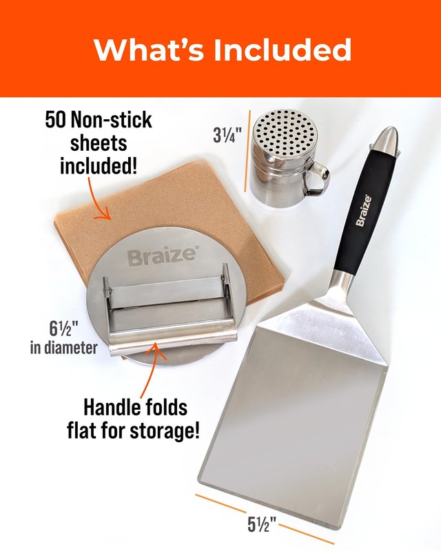 Smash Burger Press Kit – 6.5 Inch Stainless Steel Hamburger Smasher Tool – He... gallery