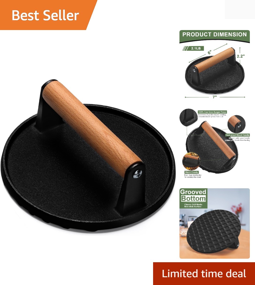 Burger Press, 7" Round Heavy-Duty Cast Iron Smash Bacon Press Meat Steak with... gallery