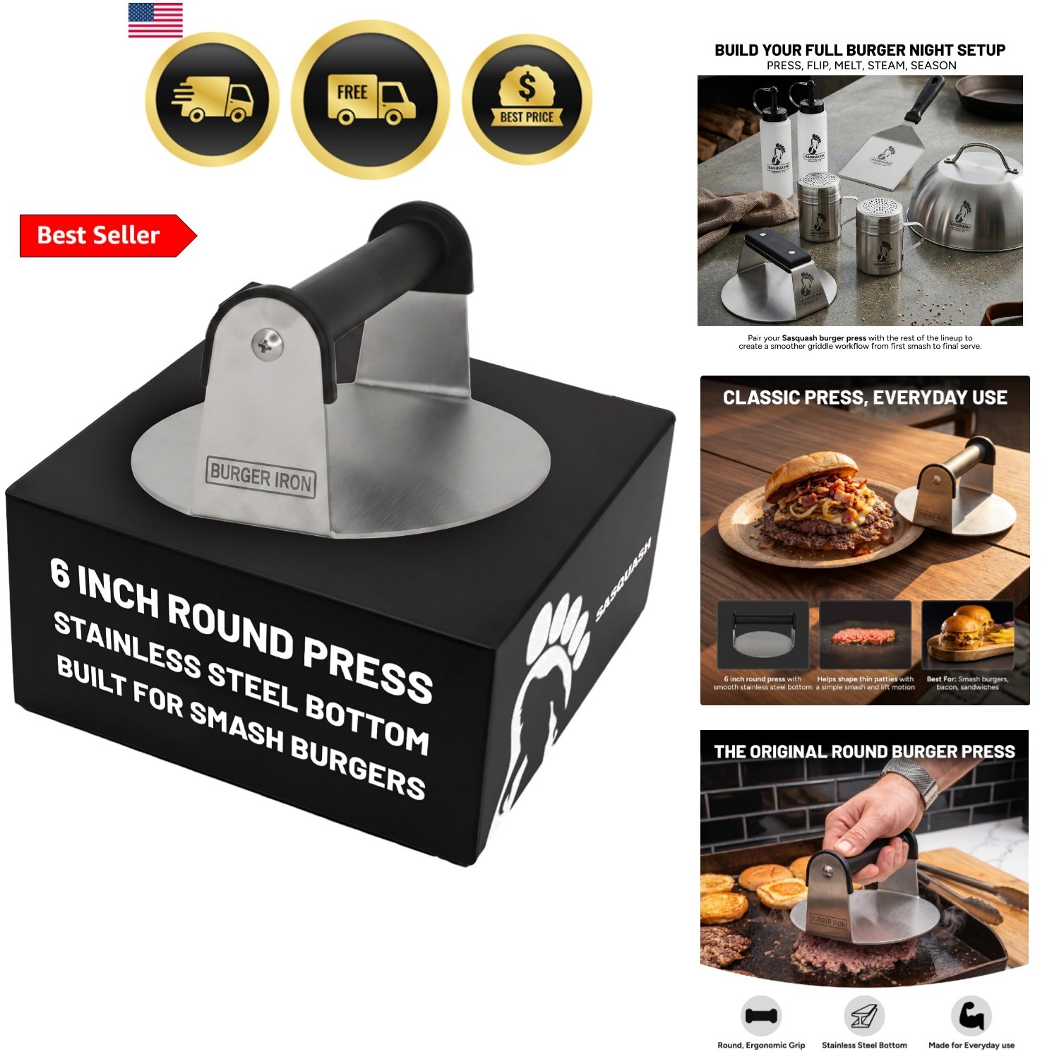 Smash Burger Press, 6 Inch Burger Press, Stainless Steel, Round Flat Bottom, ... gallery