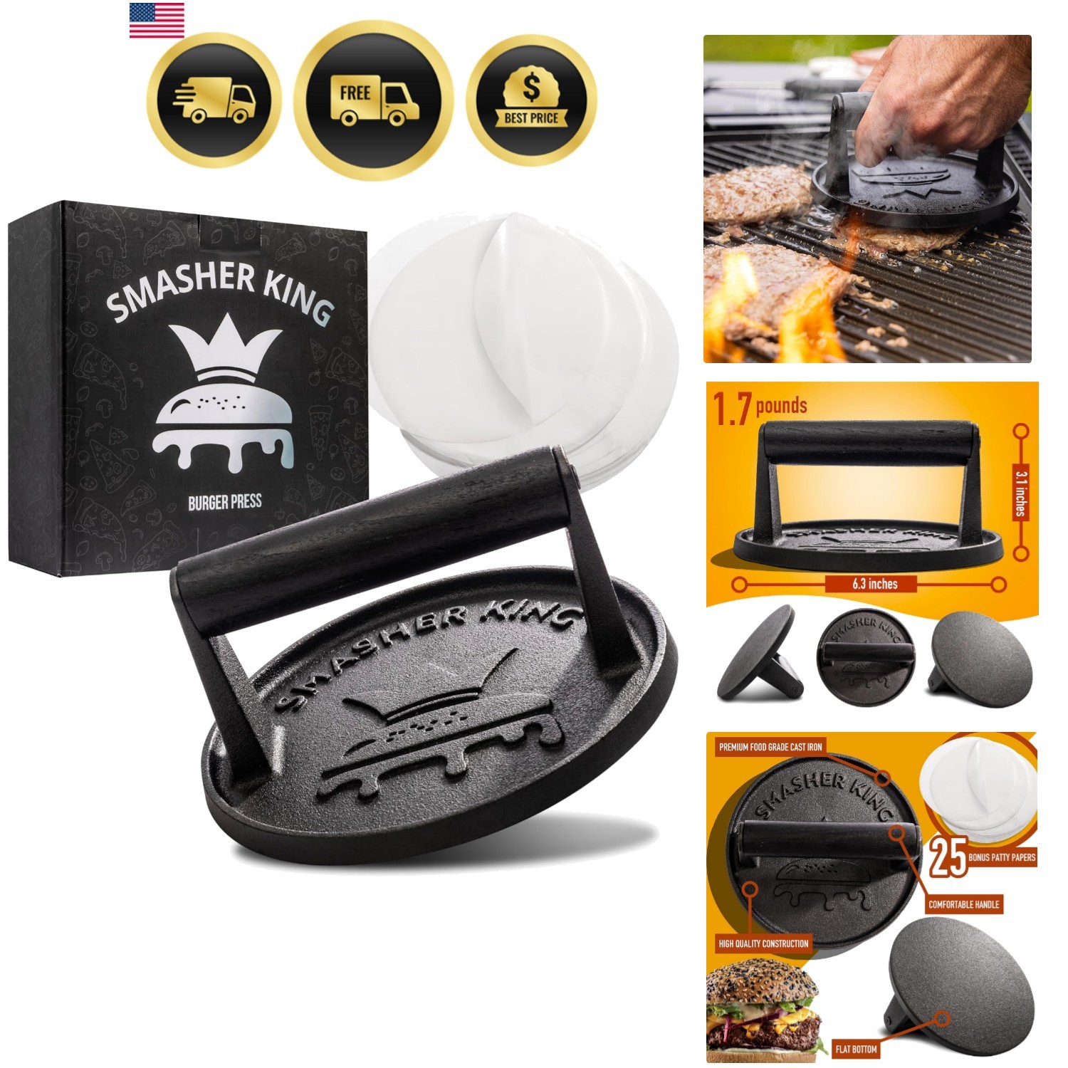 Cast Iron Burger Press with Patty Paper and Smasher Ideal for Griddle gallery