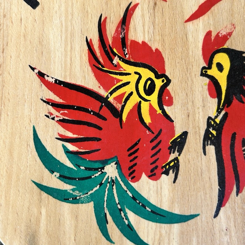 VTG Wooden Hamburger Press Fighting Roosters Chickens Kitchen Tool Decor Japan gallery