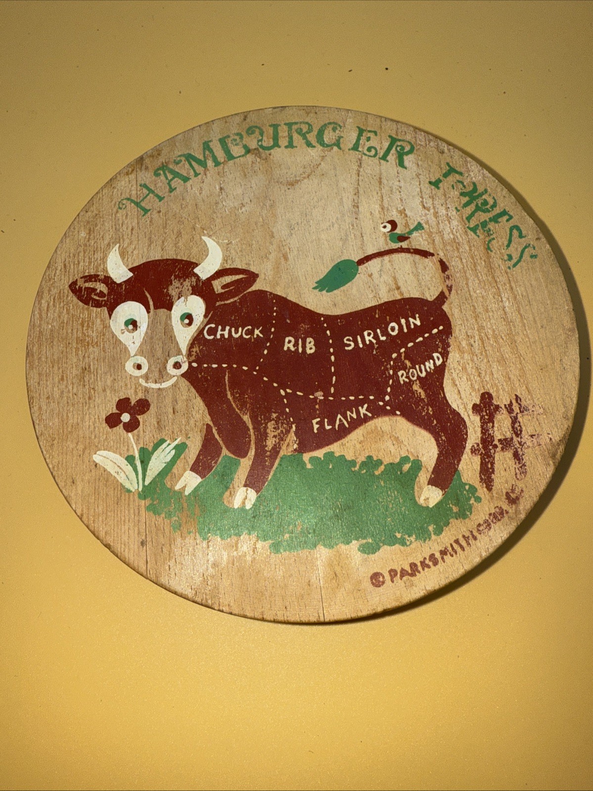 Vtg Parksmith Corp-Japan Wooden Hamburger Press Retro Decor Kitschy Cow 5.75”W gallery