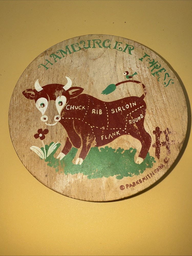 Vtg Parksmith Corp-Japan Wooden Hamburger Press Retro Decor Kitschy Cow 5.75”W