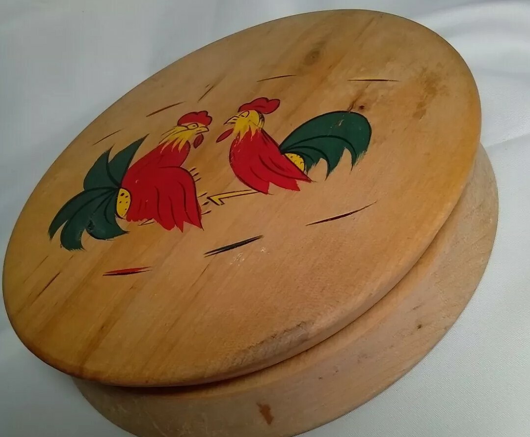 Wooden Hinged Round Hamburger / Patty Press Painted Roosters Vintage Japan gallery