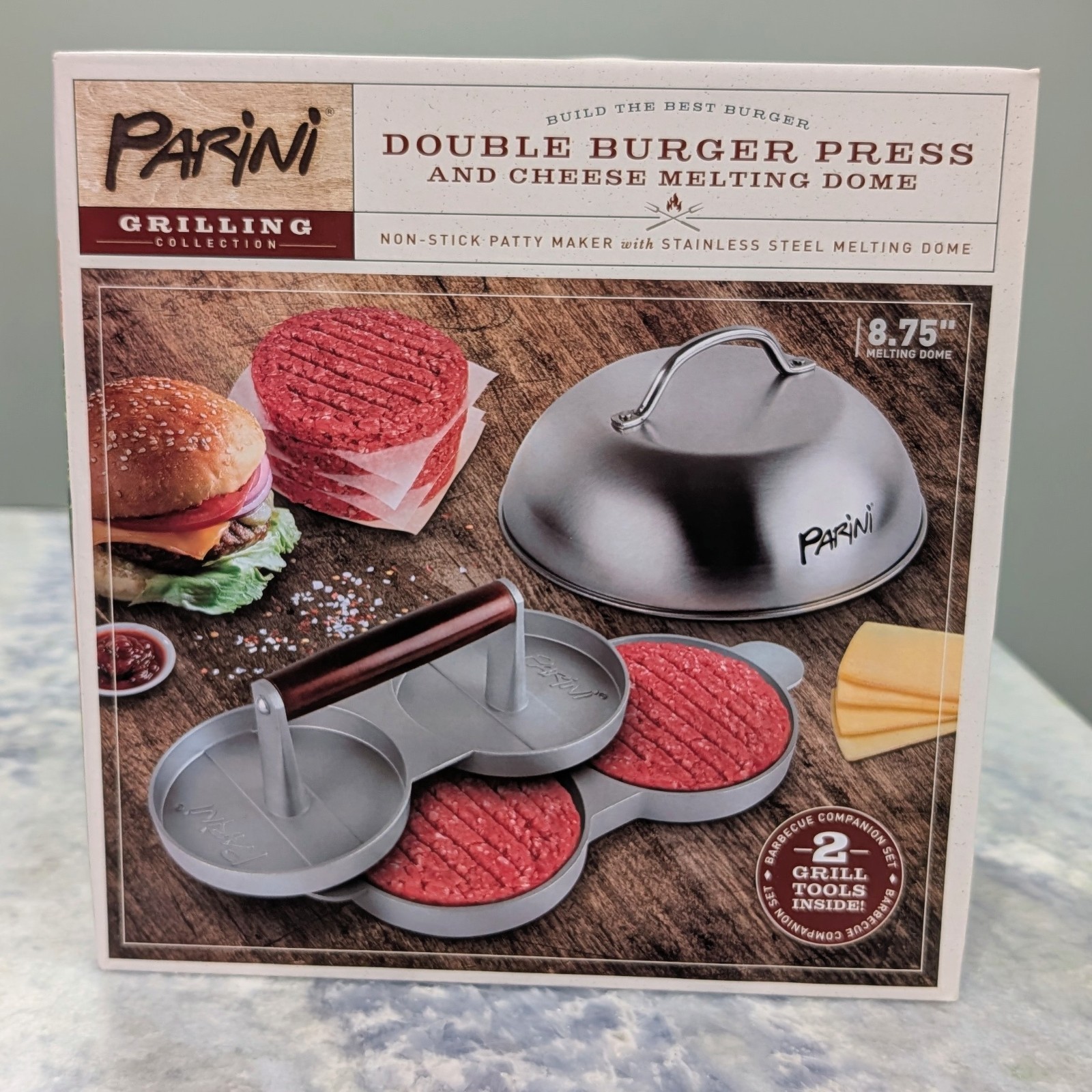 Double Burger Press And Cheese Melting Dome . Nonstick Stainless Steel NIB gallery