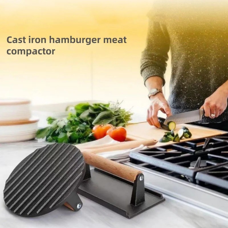 Cast Iron Rectangular Meat Press Heavy-Duty Grill Burger Steak BBQ Tool