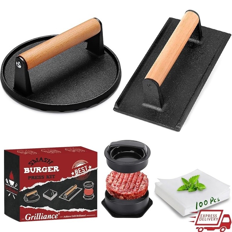 Cast Iron Burger Press Set 5PCS Smasher Patty Maker Griddle Press BBQ Tool New gallery