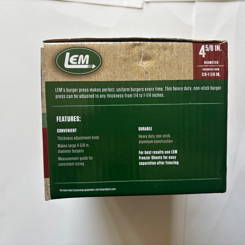 LEM HEAVEY DUTY BURGER PRESS/534 AND LEM 1000 CT. PLASTIC FREEZER SHEETS gallery