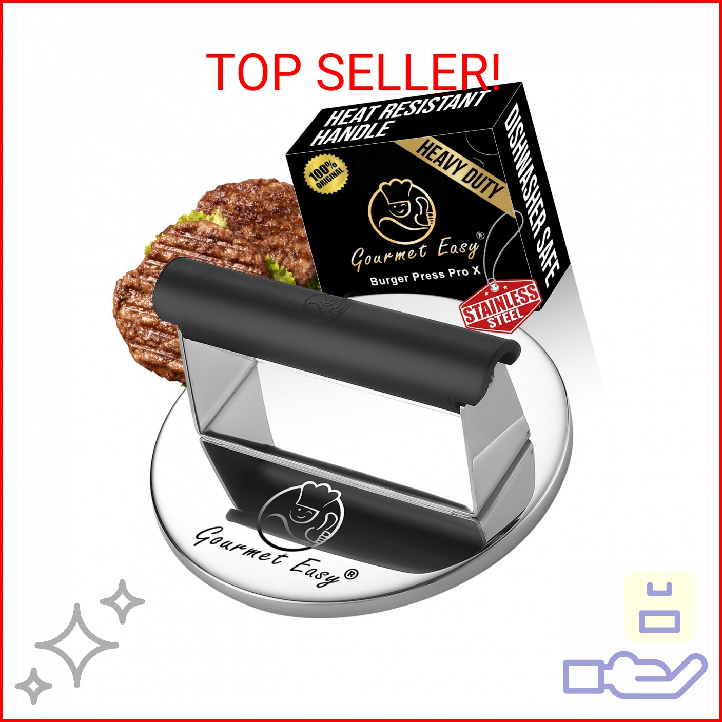 Smash Burger Press Stainless Steel, Burger Smasher for Griddle w/Heat Resistant gallery