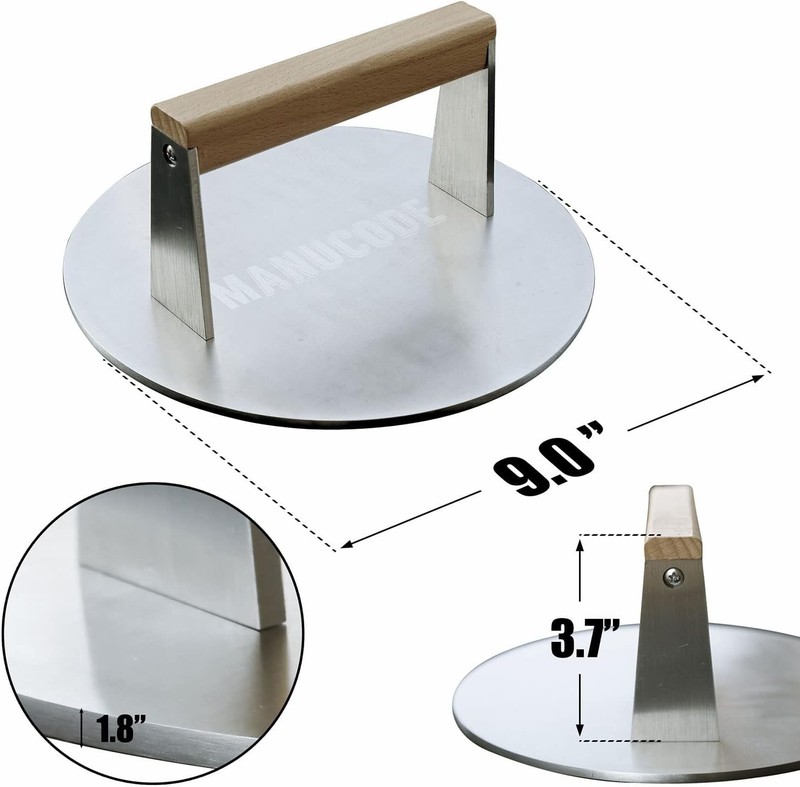 Heavy-Duty Stainless Steel Grill Press - 9 Inches Round Steak Weight with Woo... gallery