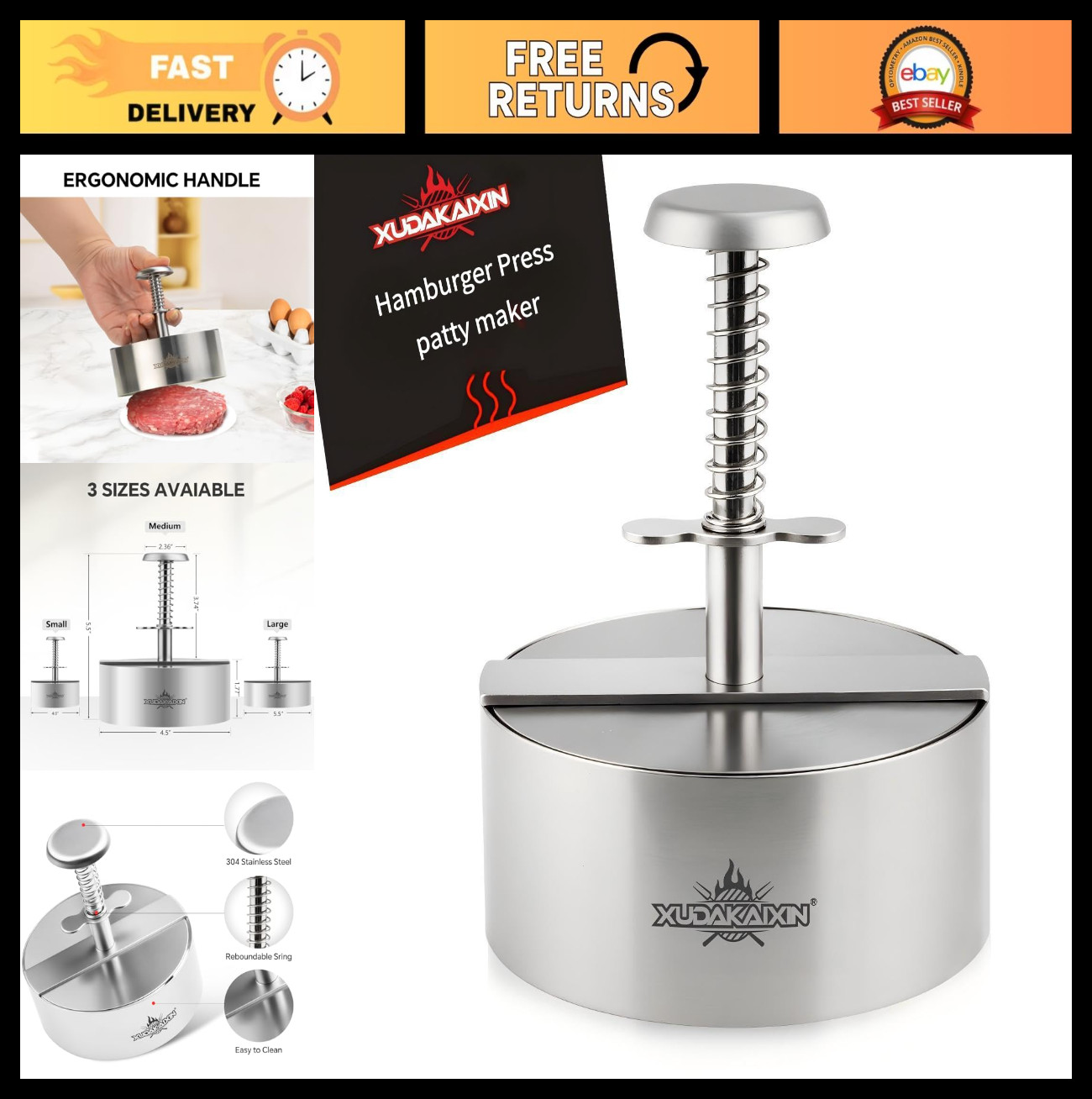 Stainless Steel Hamburger Press Patty Maker - Non-Stick Burger Molds, BPA-Free, gallery