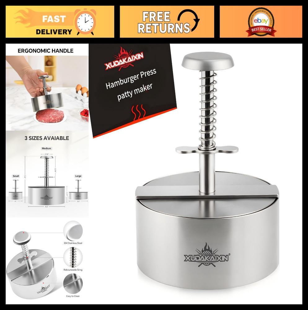 Stainless Steel Hamburger Press Patty Maker - Non-Stick Burger Molds, BPA-Free,