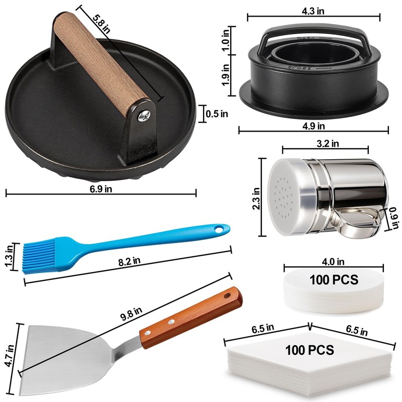 7" Cast Iron Smash Burger Press Kit, Stainless Steel Spatula, Seasoning Shaker gallery
