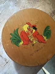 Vintage Wooden Hamburger Press Two Fighting Roosters Chickens Multi Color 5.5”