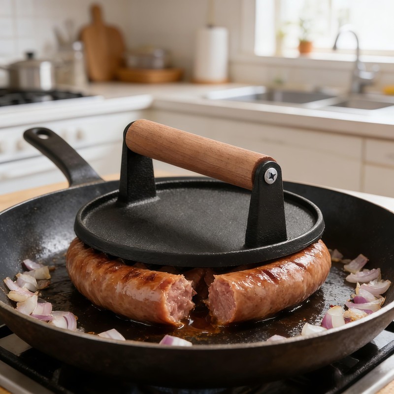 Cast Iron Grill Press 7 Inch Round Smash Burger & Bacon with Wood Handle 2LB gallery