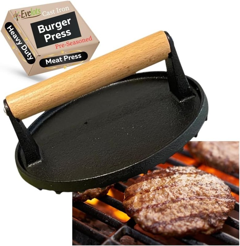 Pre-Seasoned Cast Iron Burger Smasher - Multi-Use Grill Press with Wood Handle gallery