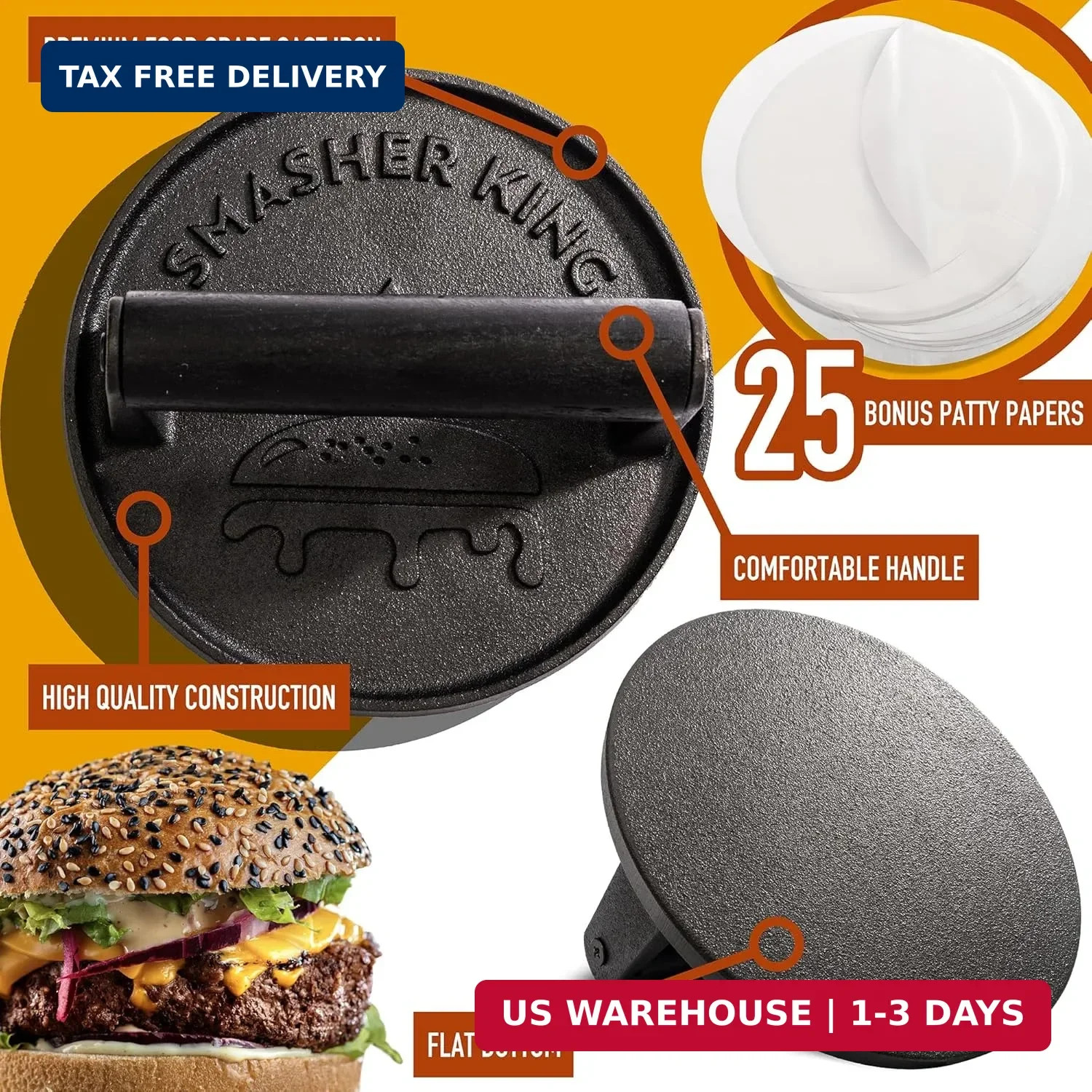 SMASHER KING™ - Premium Cast Iron Smash Burger Press Incl. 25 Pcs of Patty Paper gallery