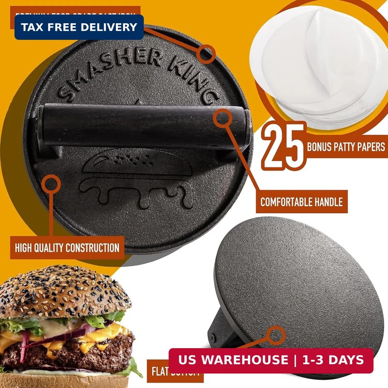 SMASHER KING™ - Premium Cast Iron Smash Burger Press Incl. 25 Pcs of Patty Paper gallery